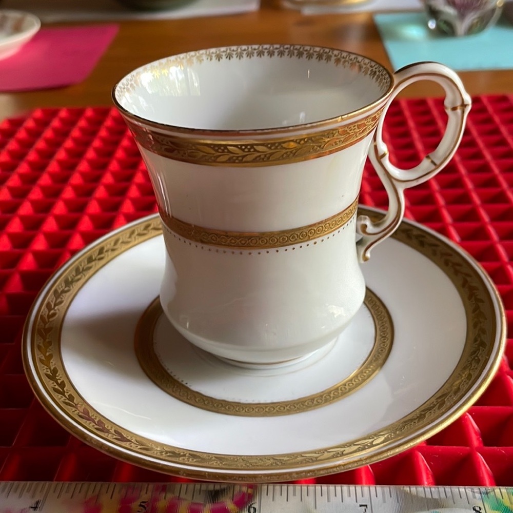 ANTIQUE GOLD TRIMMED LIMOGES TEACUP + SAUCER